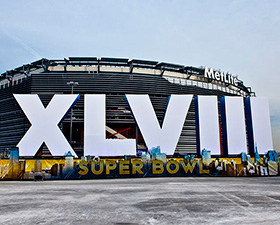 MetLife stadium with decorations for Super Bowl XLVII.